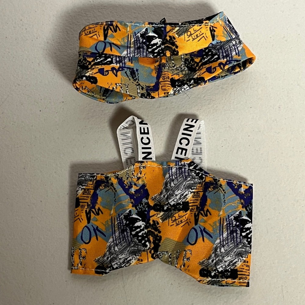 Designer Graffiti Overalls Bucket Hat 2 Piece Outfit For Labubu Orange Blue